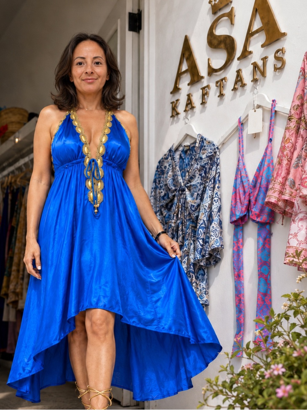 ASA Kaftan - Paris Halter Dress Royal Blue Maxi Dress with Gold Embellishes